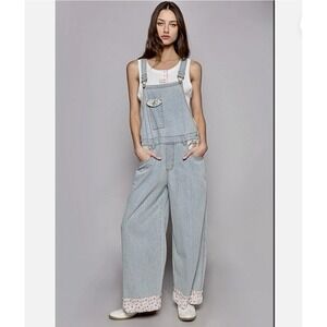New POL Overalls M Vintage Wash Floral Patches Patchwork Wide Leg Striped Boho